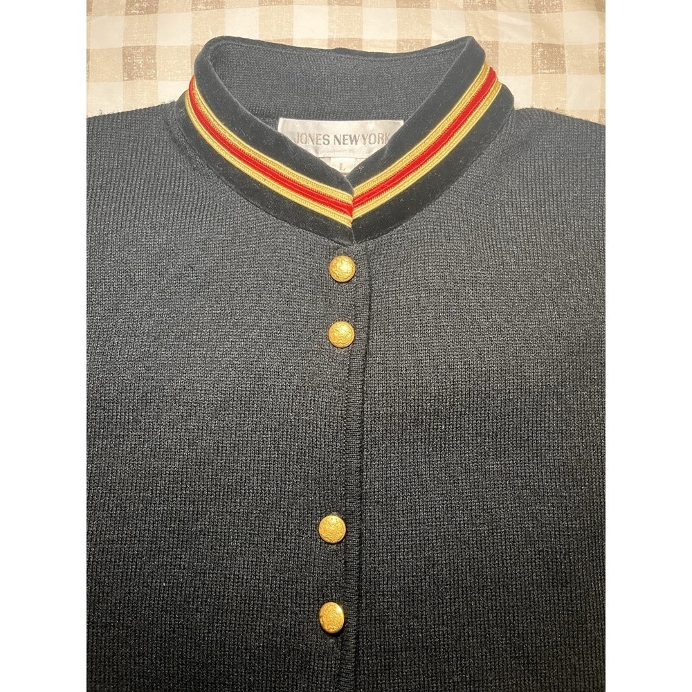 VTG Military Chic Black Cardigan Gold Buttons Mandarin Style Collar Sportswear - Picture 6 of 8